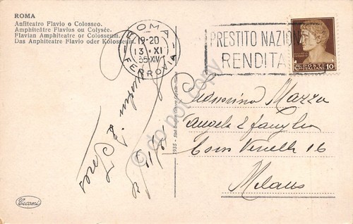 Cartolina Roma ColosseoTimbro targhetta Prestito Nazionale 1935