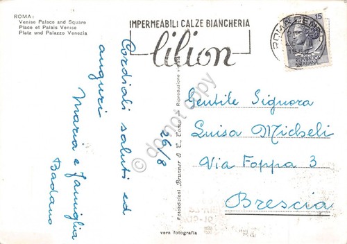 Cartolina Roma Palazzo Venezia Timbro a targhetta Impermeabili Lilion 1950