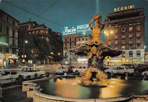 Cartolina Roma Piazza Barberini notturno auto d'epoca Facis Philips Hotel …