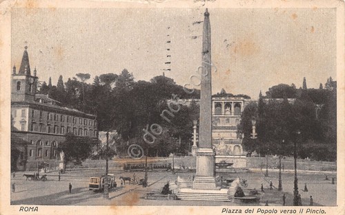 Cartolina Roma Piazza del Popolo animata carri cavalli 1928