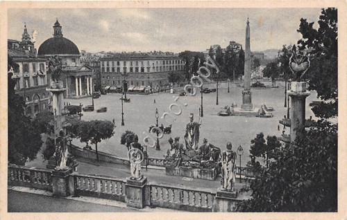 Cartolina Roma Piazza del Popolo carrozza auto d'epoca