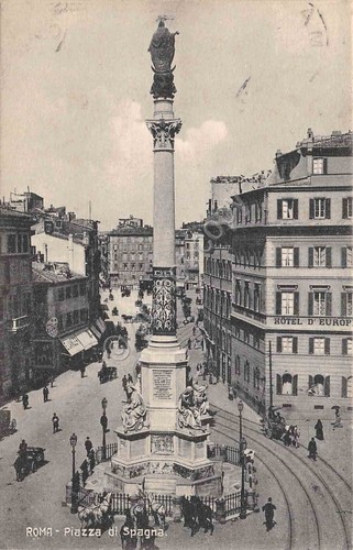 Cartolina Roma Piazza di Spagna Hotel Europa animata carrozza 1908