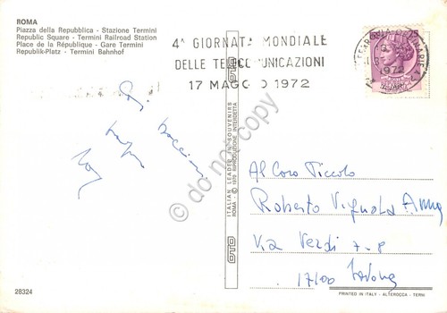 Cartolina Roma Piazza Repubblica timbro a targhetta Giornata telecomunicazioni
