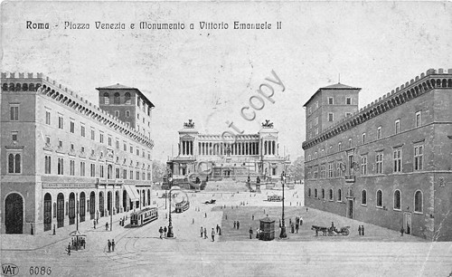 Cartolina Roma Piazza Venezia animata carrozza Tram 1912