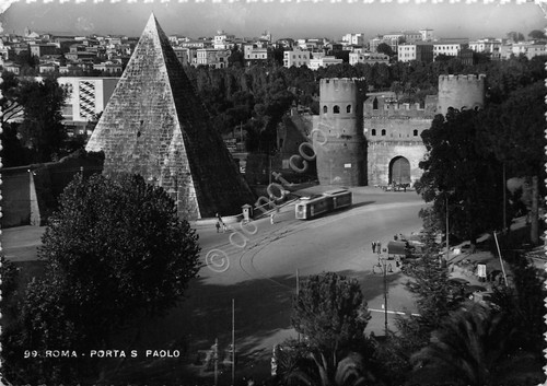 Cartolina Roma Porta San Paolo tram Timbro Buoni Novennali 1950