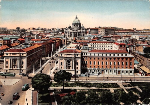 Cartolina Roma San Pietro da Castel Sant'Angelo colorata 1952