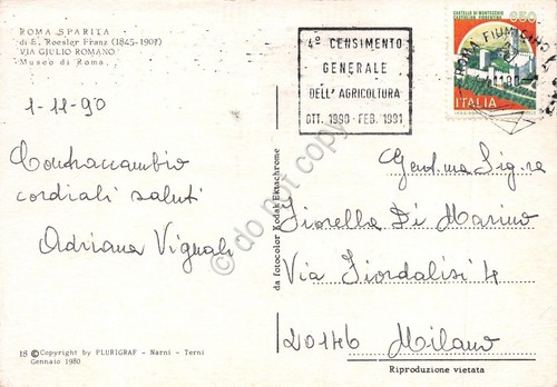 Cartolina Roma Sparita Via G. Romano timbro a targhetta censimento …