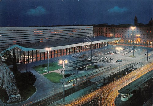 Cartolina Roma Stazione Termini notturno 1966
