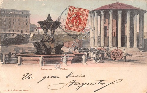 Cartolina Roma Tempio di Vesta animata carretto con cavalli primi …