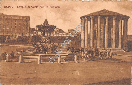 Cartolina Roma Tempio di Vesta con fontana animata carro con …
