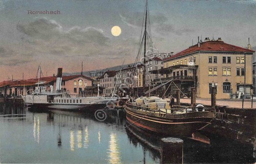 Cartolina Rorschach illustrata porto barche 1911