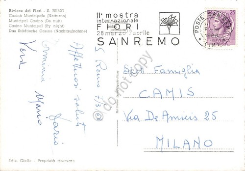 Cartolina S.Remo auto d'epoca notturno timbro targhetta Mostra fiori 1968