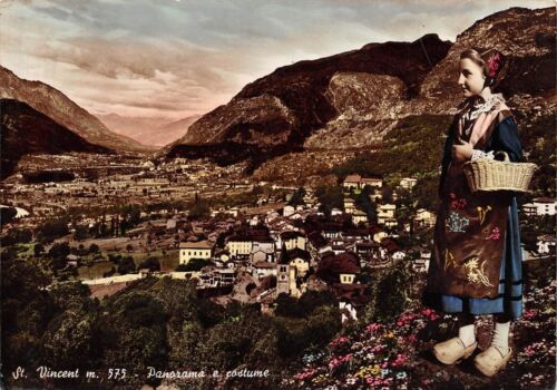 Cartolina Saint Vincent Panorama donna in costume tradizionale 1951