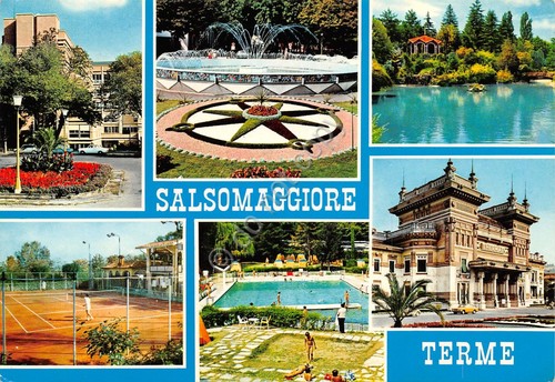 Cartolina Salsomaggiore Terme vedute varie tennis piscina 1980 (Parma)