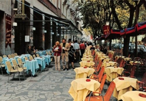 Cartolina Salsomaggiore Terme Via Romagnosi bar animata