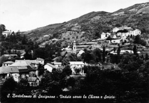 Cartolina San Bartolomeo di Savignone Vista verso Chiesa e Sereta …