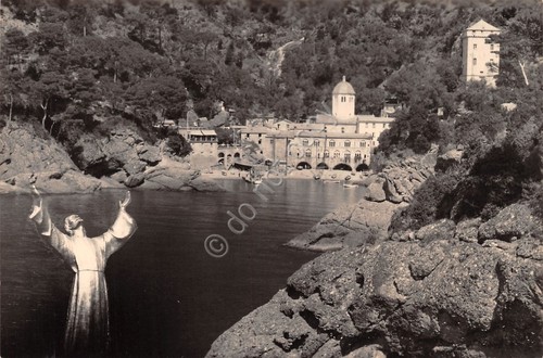 Cartolina San Fruttuoso Cristo Salvatore e panorama poesia al retro