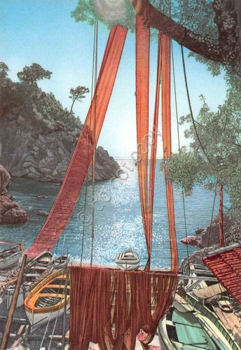 Cartolina San Fruttuoso di Camogli reti pescatori