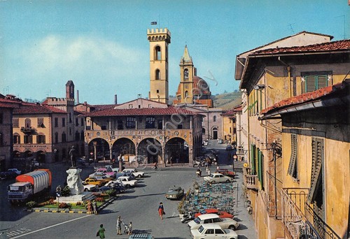 Cartolina San Giovanni Valdarno Piazza Cavour Palazzo D'Arnolfo animata anni …