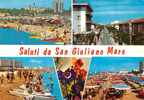 Cartolina San Giuliano Mare vedute varie spiaggia condomini Timbro Hotel …