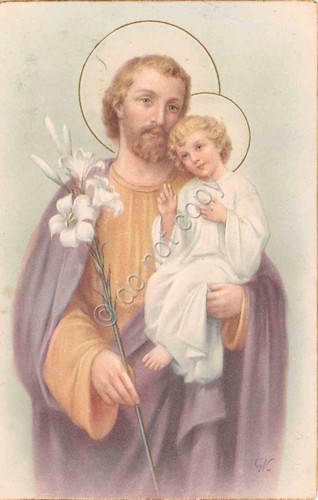 Cartolina San Giuseppe con Bambino e giglio in mano 1945