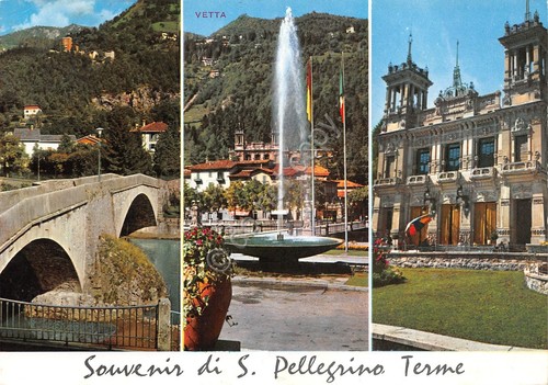Cartolina San Pellegrino Terme Grand Hotel fontana ponte 1973