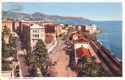 Cartolina San Remo Panorama Ferrovia Timbro Albergo Miramare Continental 1938