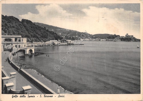 Cartolina San Terenzo Lerici lungomare e spiaggia animata anni '40