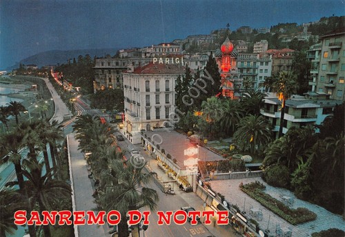 Cartolina Sanremo vista della città dall'alto Hotel de Paris Notturno
