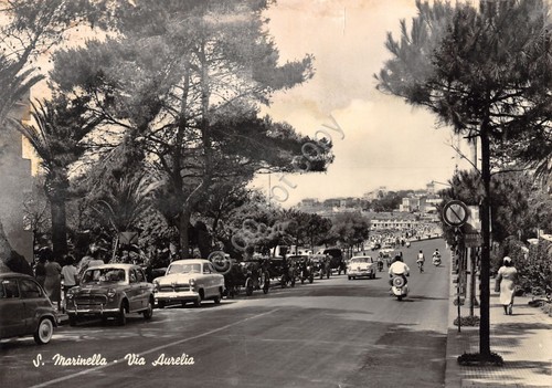 Cartolina Santa Marinella Via Aurelia auto moto animata danneggiata anni …