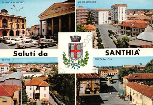 Cartolina Santhià Vedute varie Villette Stazione Piazza Pallone auto stemma …