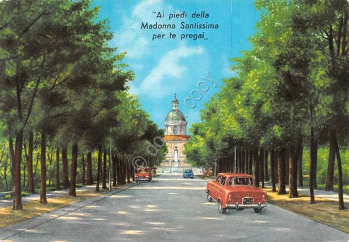 Cartolina Santuario Beata Vergine Caravaggio auto d'epoca illustrata (Bergamo)