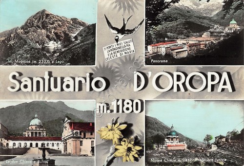 Cartolina Santuario d'Oropa vedute colorata 1959