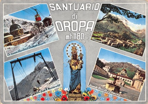 Cartolina Santuario di Oropa 5 vedute panorama funivia Madonna (Biella)