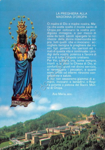Cartolina Santuario di Oropa panorama Madonna e preghiera (Biella)