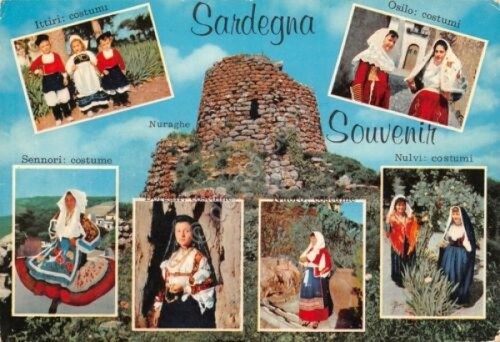 Cartolina Sardegna vedute abiti tradizionali nuraghe 1975 (Cagliari)
