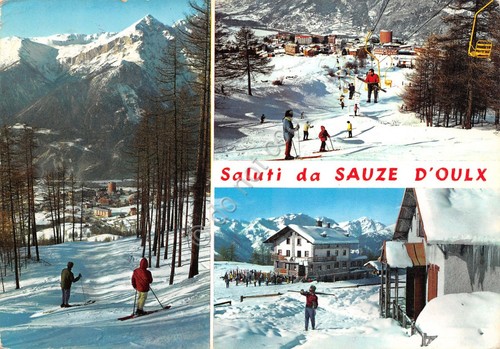 Cartolina Sauze D'Oulx vedute varie sci sciatori 1965 (Torino)