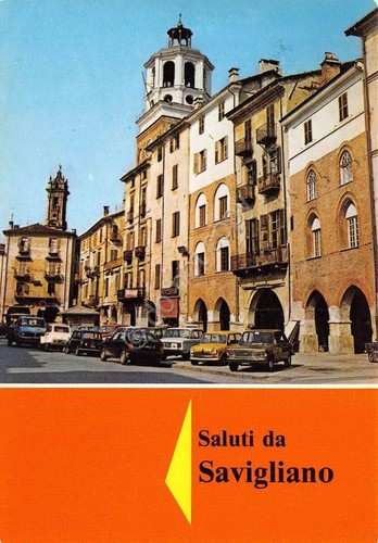 Cartolina Savigliano Piazza Santarosa auto d'epoca 1982