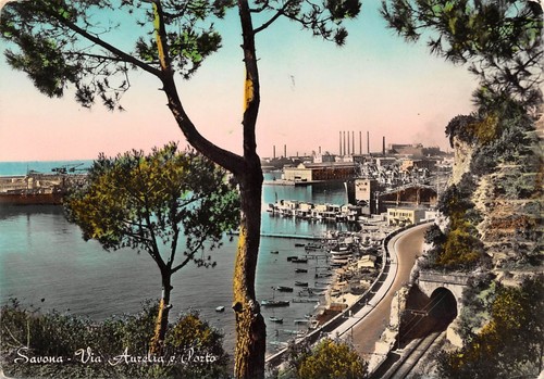 Cartolina Savona Via Aurelia e Porto 1956
