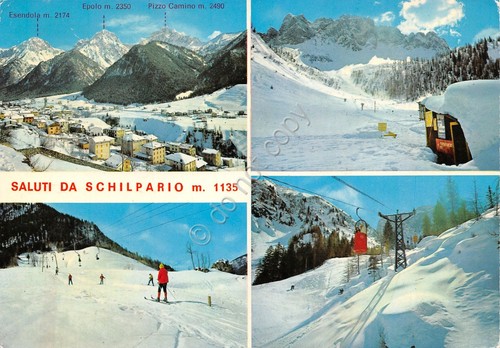 Cartolina Schilpario 4 vedute animata sci sciatori panorama (Bergamo)