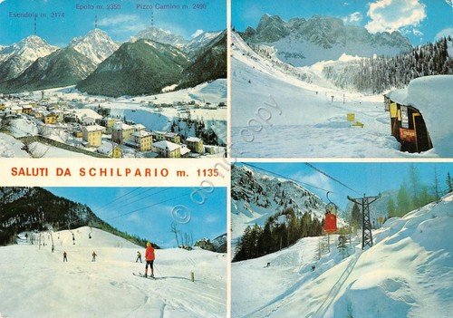Cartolina Schilpario sci sciatori 4 vedute timbro Ristorante Capriolo (Bergamo)