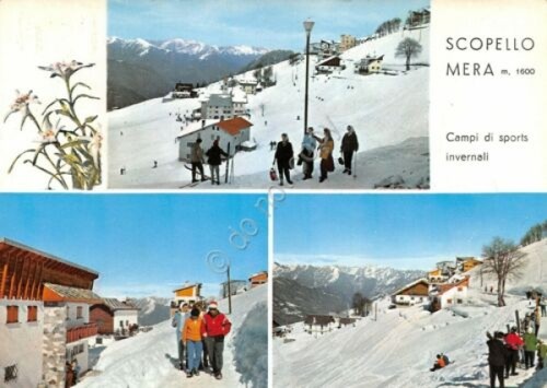 Cartolina Scopello Mera vedute campi sport invernali animata Timbro Evelin …
