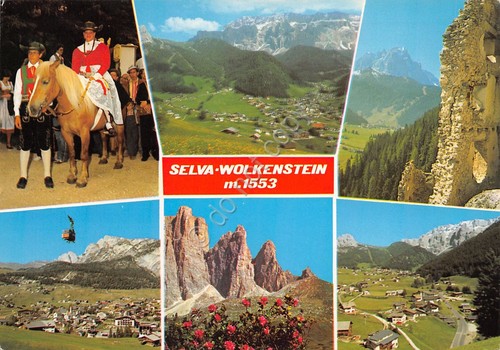 Cartolina Selva Wolkenstein vedute varie funivia panorama festa tradizionale '83