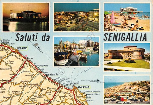Cartolina Senigallia 6 vedute con mappa geografica (Ancona)