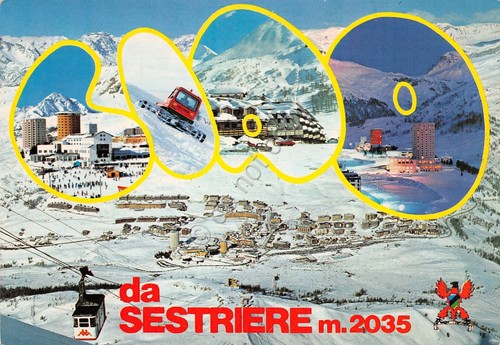 Cartolina Sestriere vedute gatto delle nevi CIAO (Torino)