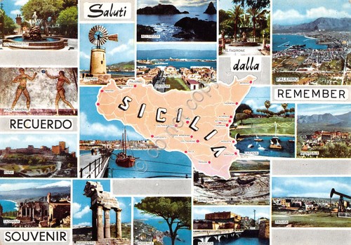 Cartolina Sicilia vedute varie località e mappa isola 1970
