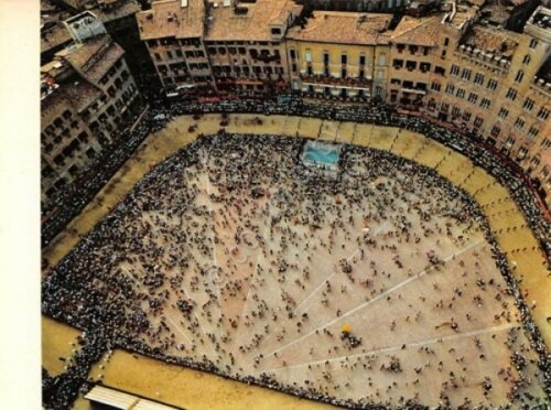 Cartolina Siena Palio nella piazza del Campo dall'alto