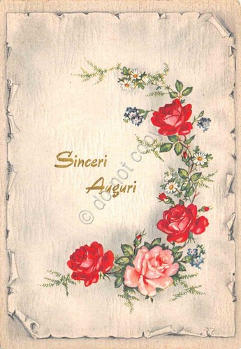 Cartolina Sinceri Auguri scritta in oro con fiori rose
