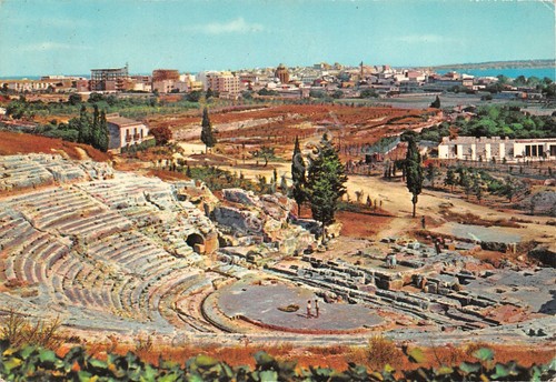 Cartolina Siracusa Teatro Greco e panorama animata 1963 Timbro PT
