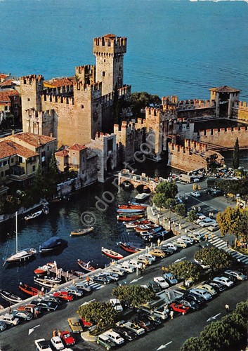 Cartolina Sirmione panorama aereo 1980 auto barche (Brescia)